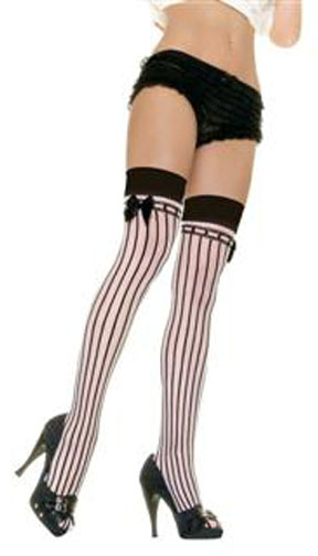Thigh highs with black and white pin stripes and a bow.