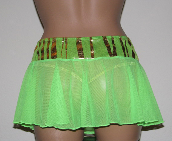 Back view of hot greeen mesh mini skirt.