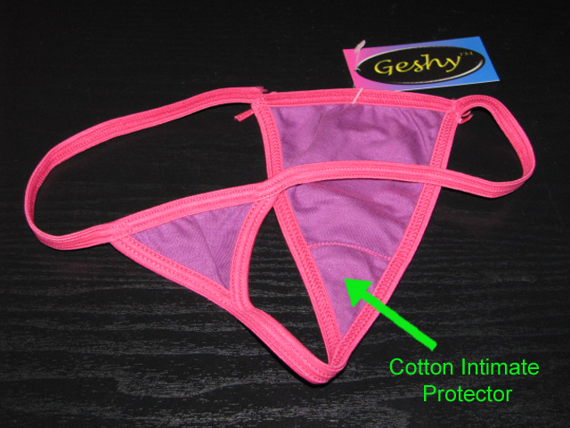 Photo of purple and pink thong showing the cotton intimate protector.