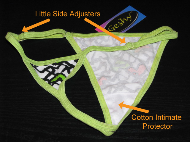 Photo of thong showing side adjusters and cotton intimate protector.