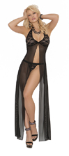 Long black mesh and lace gown